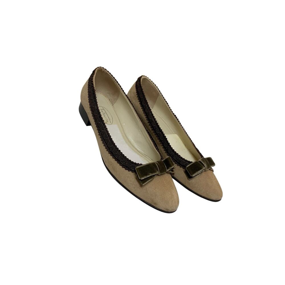 Talbots Flats Low Heel Beige Suede Brown Velvet Bow - Made in Spain 6 M